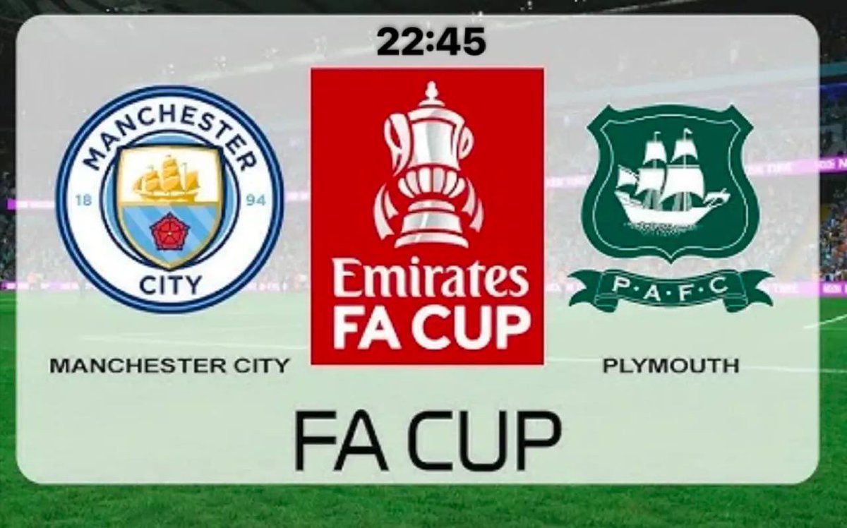 ⚔️O’yin kuni 
🏆 Emirates FA CUP
🏡Man City vs Plymouth
🏟️Etihat Stadium (Manchester)
Referee Craig Pawson
⏰ 22:45 (Tash)