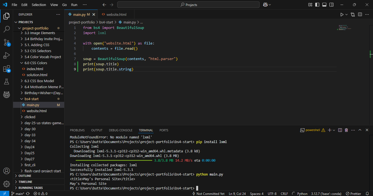 MayDeng16's tweet image. Day 45 - #100daysofcodechallenge    
I worked on the Parsing HTML project by using BeautifulSoup, which is a Python library for pulling data out of HTML and XML files.        
#Python #pythonprogramming