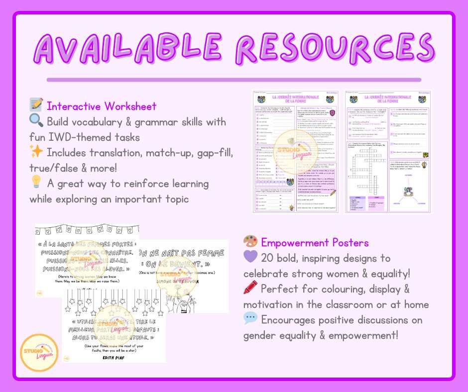 💜✨ INTERNATIONAL WOMEN’S DAY ✨💜

Let’s celebrate women who made history &amp; those shaping the future 🌍

📖 Biographies of trailblazing women
💬 Reading comprehension on
📝 Vocab &amp; activity worksheet 
🎨 Empowerment posters

🛒 Explore now! → shorturl.at/P3cLi