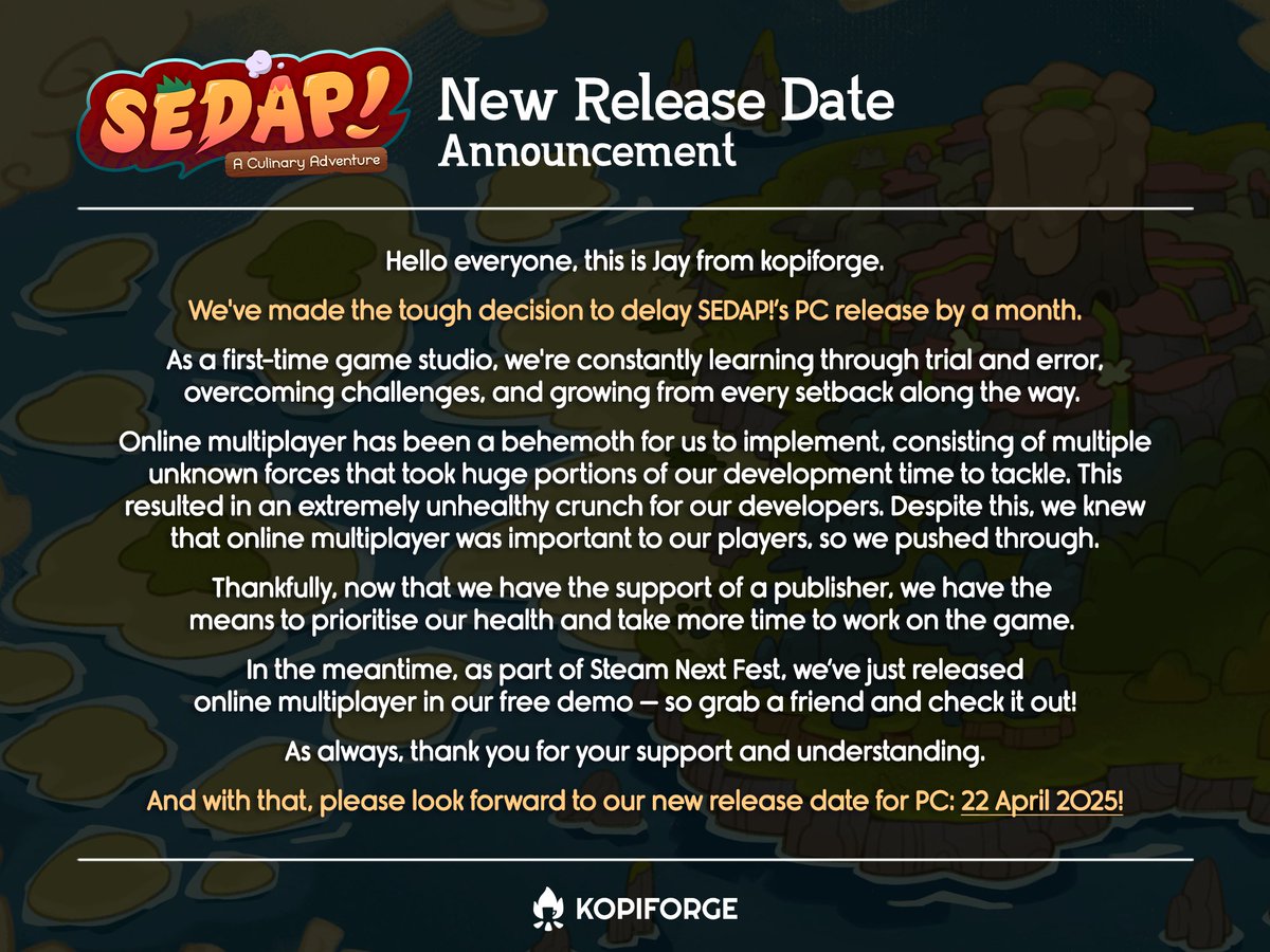 kopiforge's tweet image. Hello everyone! 👋🏼

We have an important announcement to make regarding SEDAP! A Culinary Adventure&apos;s PC release date. ✨
