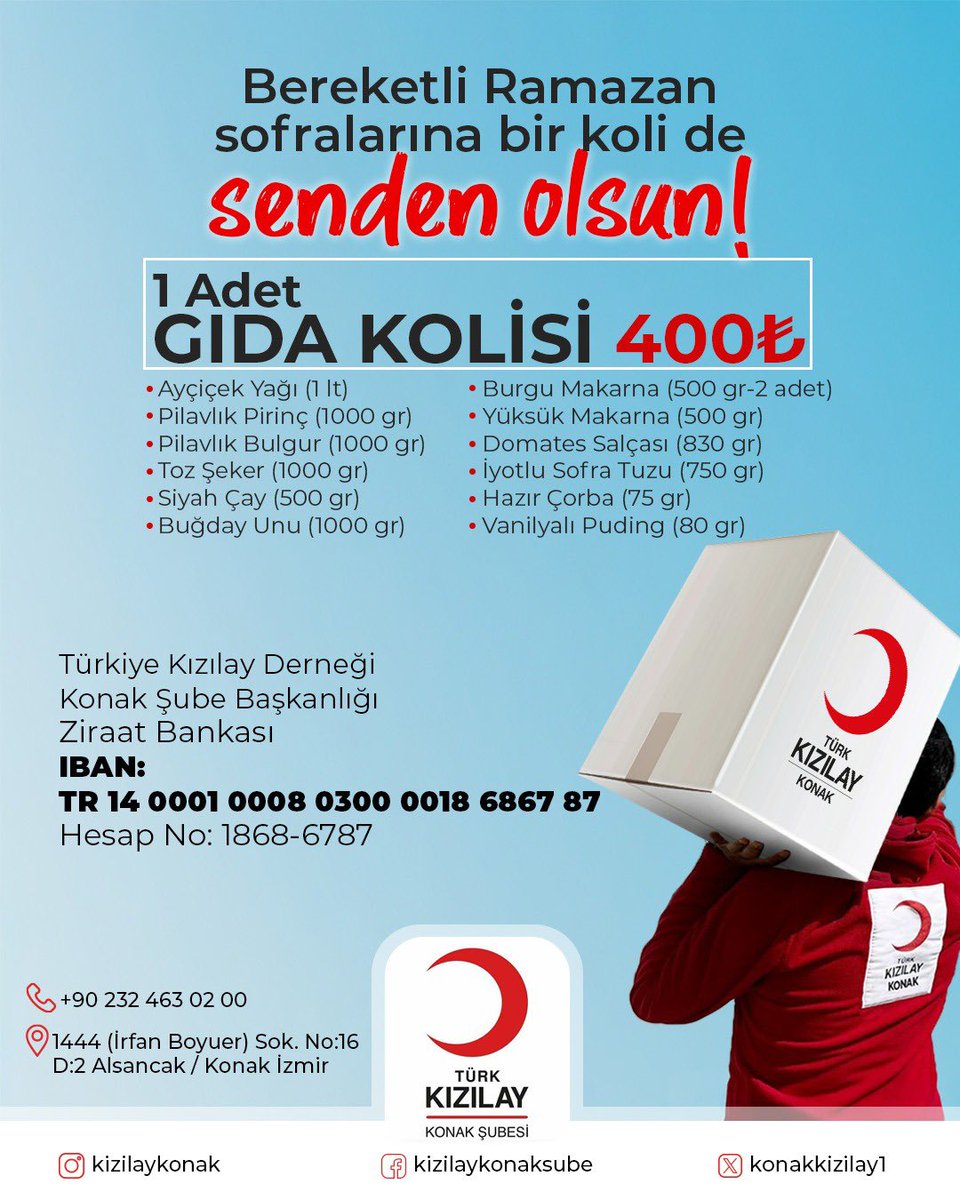Ramazan, paylaşmanın ve dayanışmanın en güzel zamanıdır. Bu mübarek Ramazan ayında Kızılay Konak Şube'e yapacağınız gıda kolisi bağışı ile ihtiyacı olan bir aileyi mutlu edebilir, sofralarına bereket katabilirsiniz.