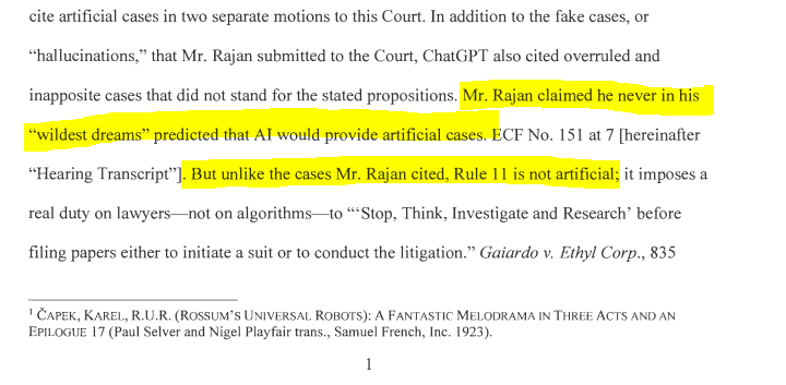 RobertFreundLaw's tweet image. Another one: Lawyer who cited fake AI-generated cases ordered to pay $2,500 and take CLE about AI &amp;amp; ethics.

&quot;If Mr. Rajan had taken the elementary step the verify these cases, he would have learned that [they] are as artificial as the intelligence behind them.&quot;