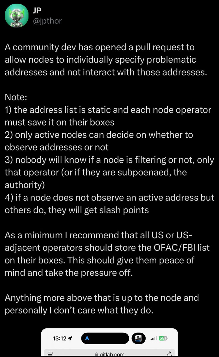 CryptoGenjutsu's tweet image. 🚨 🚨 Told ya! 

@THORChain’s new address filter pull request proves I was right—FBI pressure is real. Got called an IDIOT, FOOL. STUPID, DUM-DUM and what not by #THORChads for warning this. 

Every #THORChad should literally follow me to know unbiased truth.

I know the protocol…