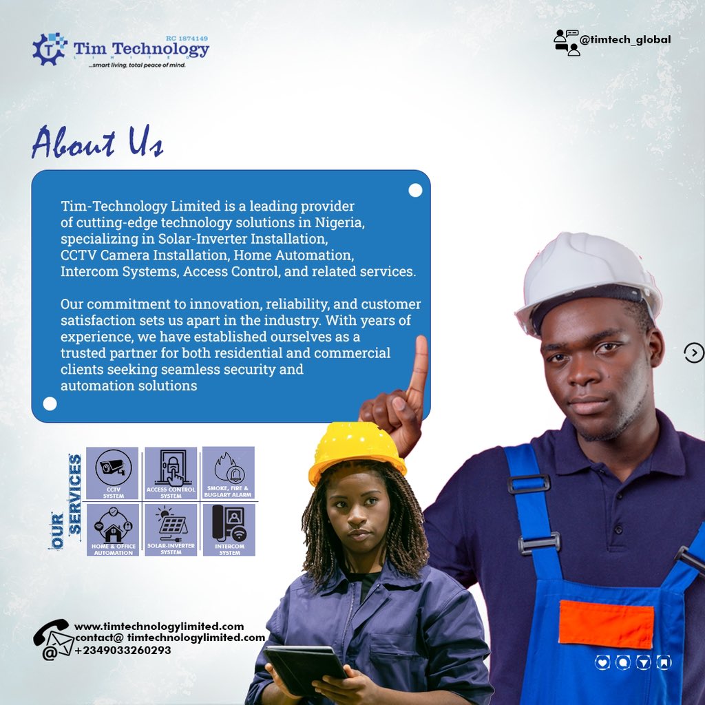 Timtech_Global's tweet image. Reintroducing Tim-Technology Limited!
At Tim-Technology Limited, we specialize in delivering cutting-edge Solar-Inverter Systems, CCTV Installations, Home Automation, Intercom Systems, Access Control, and more - ensuring Smart Living &amp;amp; Total Peace of Mind!