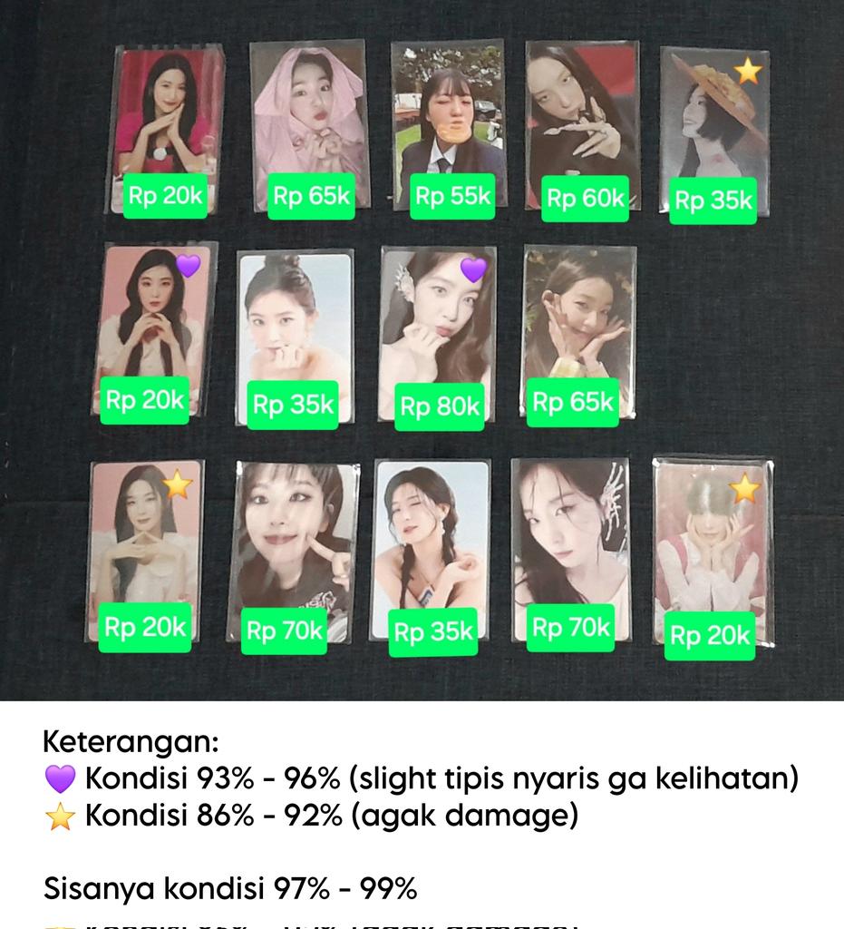 WTS aab PC Photocard Red Velvet Irene Seulgi Wendy Yeri EACH

🏠 MALANG, JATIM
Not for sensitive buyers‼️
Harga include packing &amp; biaya admin

Link condi, 🍊 video, &amp; CO 💚🍊 cek thread dibawah ⬇️