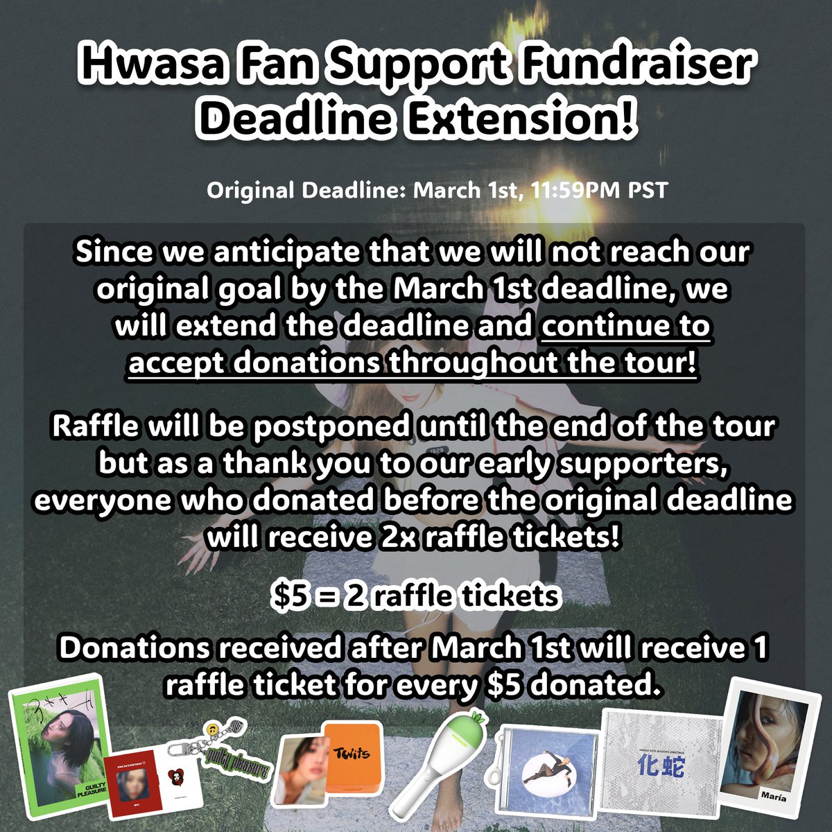 [FUNDRAISER UPDATE]
Thanks to our amazing donors, we have raised $1,115 so far! We've also adjusted the budget based on Live Nation's food requests, extended the fundraising deadline, and added new merch to our raffle! 
Please make sure to read through! ✨

#화사 #HWASA