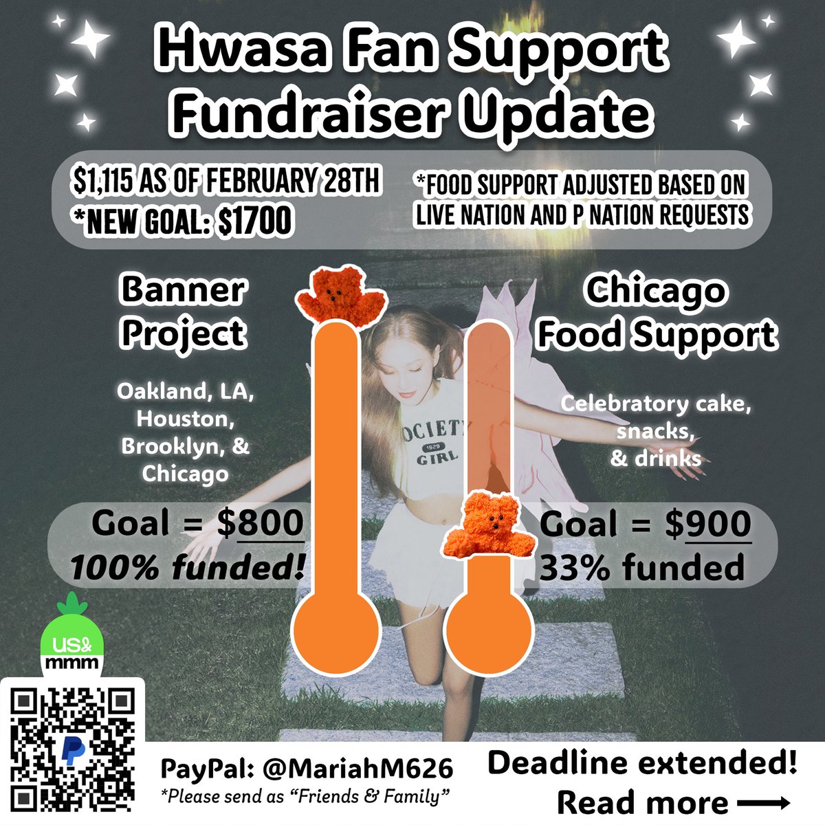 us_mamamoo's tweet photo. [FUNDRAISER UPDATE]
Thanks to our amazing donors, we have raised $1,115 so far! We've also adjusted the budget based on Live Nation's food requests, extended the fundraising deadline, and added new merch to our raffle! 
Please make sure to read through! ✨

#화사 #HWASA
#HWASA_Twits_NA
#Twits #멍청이