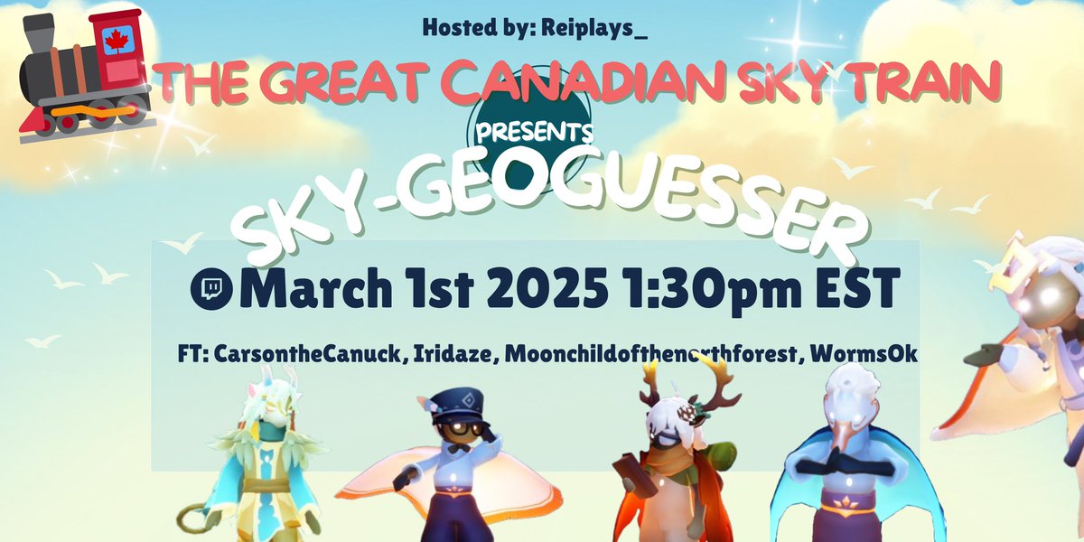 reiplays_'s tweet photo. announcing on extremely short notice that we are doing a geo-guesser race with some wonderful Sky streamers! it’s the anniversary of our Canadian Raid Train and this year we will all be streaming this event together, I hope you drop by to see the chaos! https://t.co/Y0JVVbY4vD