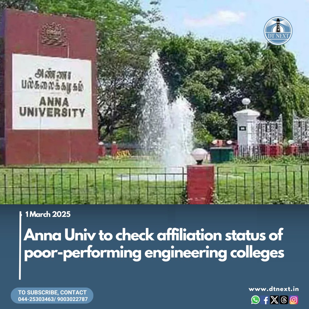 dt_next's tweet image. With over 35 affiliated #engineeringcolleges getting single-digit pass % and two institutions scoring zero in the last semester exams, #AnnaUniversity will be deciding their affiliation status for 2025’s admissions

dtnext.in/news/tamilnadu…

🖊️: @rsathya007

#DTNext #TamilNaduNews