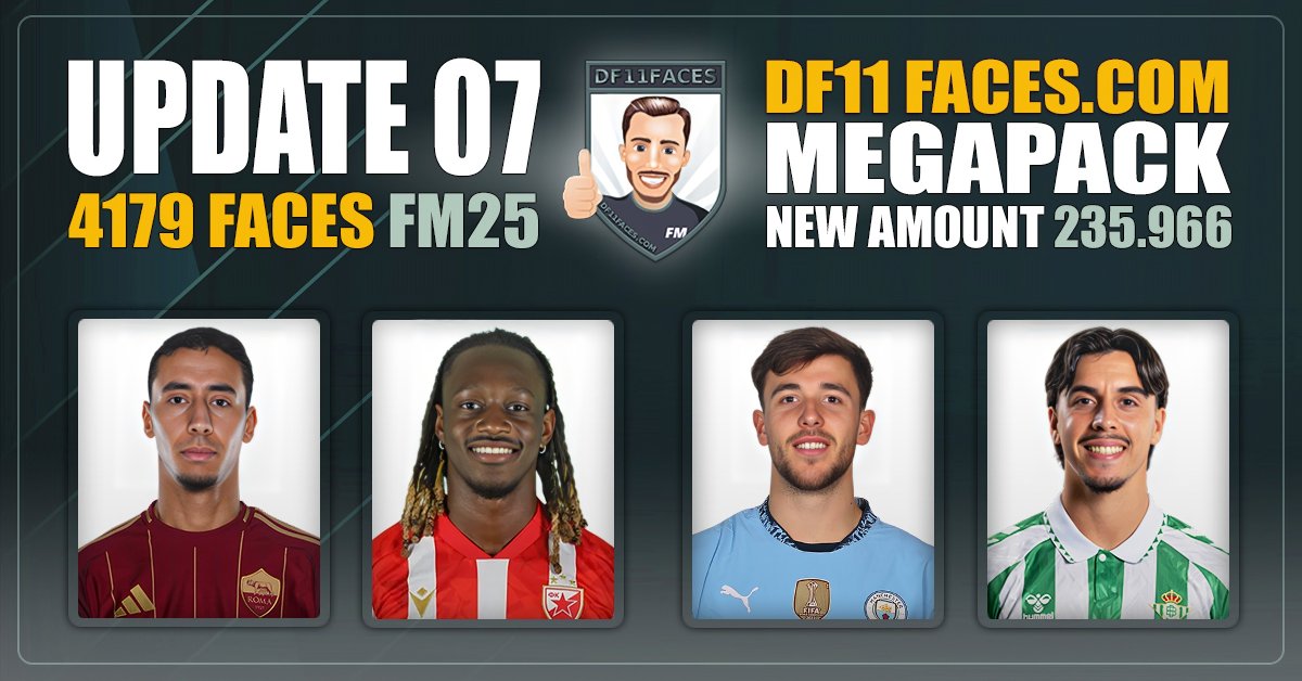 🏆DF11 Update No.7 [#FM25]
🥶Winter transfers

4179 new #DF11faces to expand &amp; refresh your DF11 Megapack!

Leaguepacks included:
🇷🇸Serbia - PL
🇪🇸Spain - L3
🇦🇲Armenia - PL

Plus more:
🇮🇹 🇫🇷 🇦🇹 🇬🇧 🇭🇷 🇬🇷 🇰🇼

Free downloads ⬇️
df11faces.com/Updates