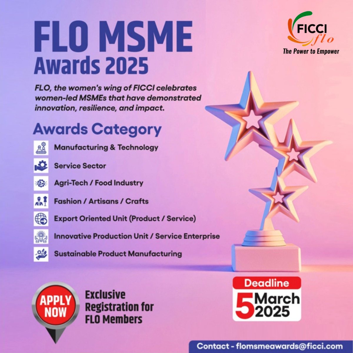 FICCI FLO proudly presents the FLO MSME Awards 2025, celebrating the resilience, innovation &amp; impact of women-led MSMEs! If you're a FLO member leading an MSME, this is your time to shine!  Apply now! Deadline: March 5, 2025. 

#FLOMSMEAwards2025 #AccelerateAction