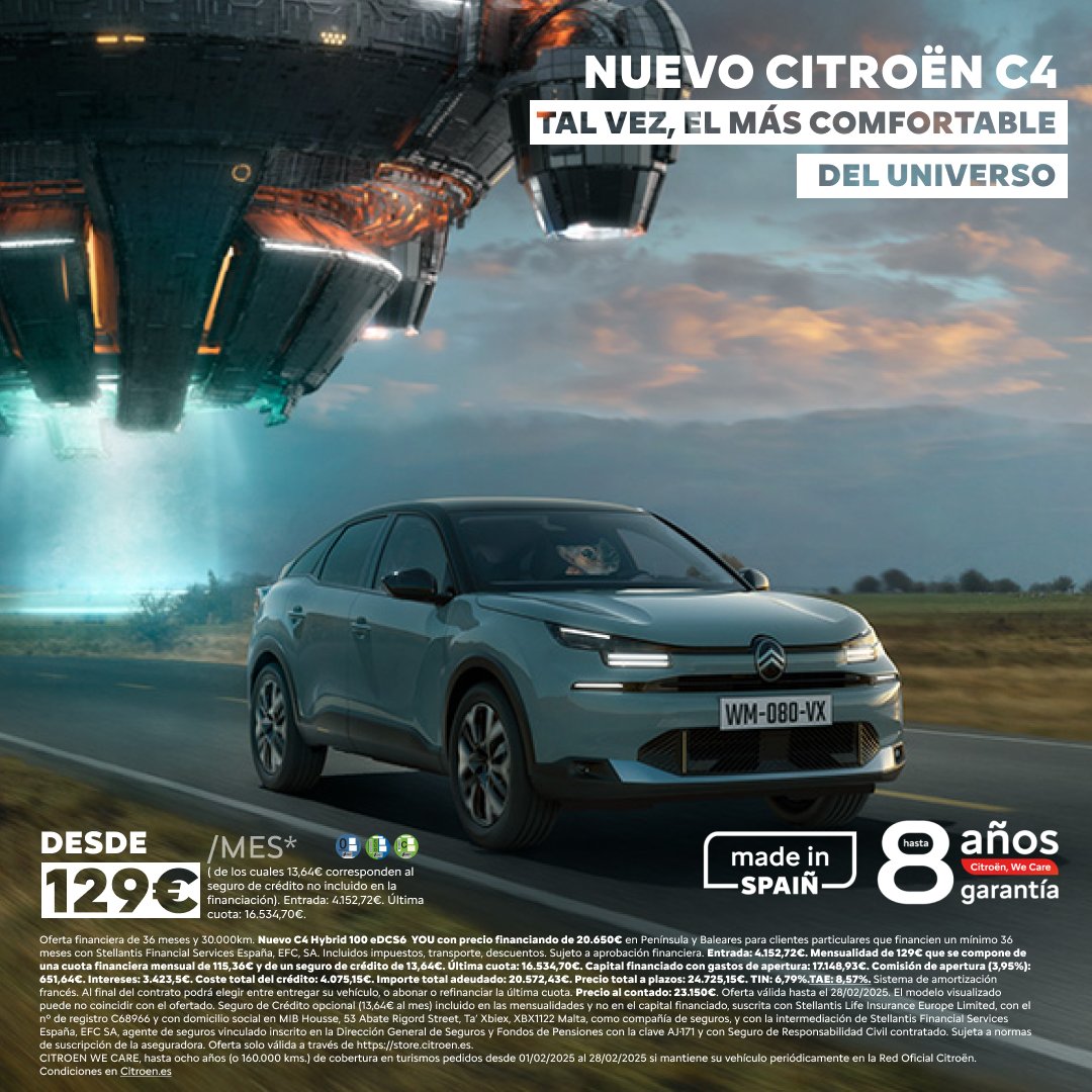 𝗡𝘂𝗲𝘃𝗼 𝗖𝗜𝗧𝗥𝗢Ë𝗡 𝗖𝟰 desde 𝟭𝟮𝟵€/𝗠𝗘S(*) ⁣⁣⁣
TAL VEZ, EL MAS CONFORTABLE⁣
y ahora con hasta 𝟴 𝗔Ñ𝗢𝗦 𝗗𝗘 𝗚𝗔𝗥𝗔𝗡𝗧𝗜𝗔* ⁣
⁣
Nuevo C4 𝗠𝗮𝗱𝗲 𝗶𝗻 𝗦𝗽𝗮𝗶𝗻 en 𝗘𝗟𝗘́𝗖𝗧𝗥𝗜𝗖𝗢, 𝗛𝗜́𝗕𝗥𝗜𝗗𝗢 𝗬 𝗚𝗔𝗦𝗢𝗟𝗜𝗡𝗔⁣⁣⁣