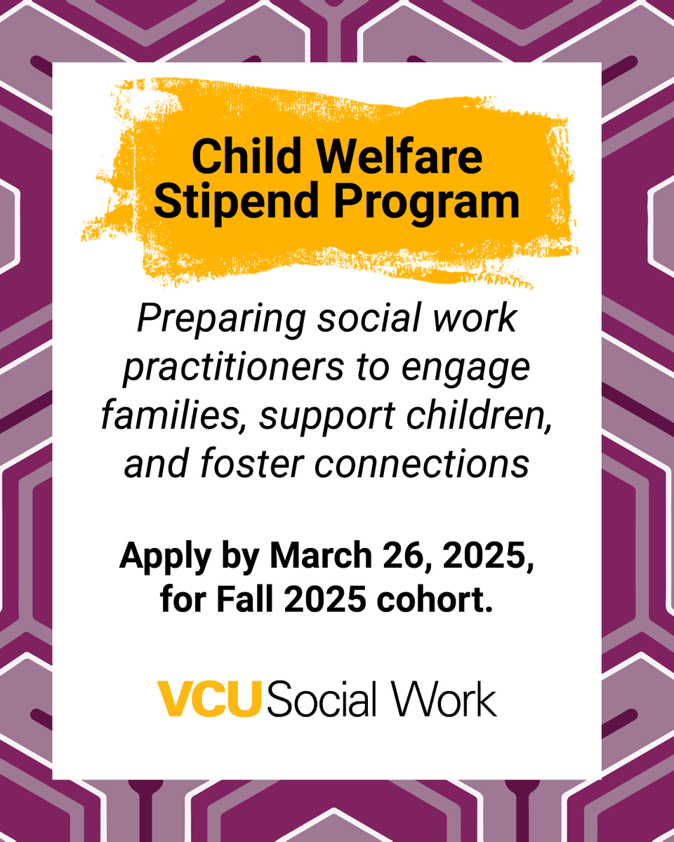 VCU Social Work (@vcusocialwork) on Twitter photo Apply for the #VCUSSW-<a href="/VDSS/">The Virginia Department of Social Services</a> Child Welfare Stipend Program's Fall 2025 cohort by 3/26: vcussw.info/CWSP25App. Specialized training + $10K stipend, with work payback requirement. Learn more about Christopher and the rest of our 2025 CWSP grads at vcussw.info/CWSP25Grads. 🎓 Apply for the #VCUSSW-<a href="/VDSS/">The Virginia Department of Social Services</a> Child Welfare Stipend Program's Fall 2025 cohort by 3/26: vcussw.info/CWSP25App. Specialized training + $10K stipend, with work payback requirement. Learn more about Christopher and the rest of our 2025 CWSP grads at vcussw.info/CWSP25Grads. 🎓