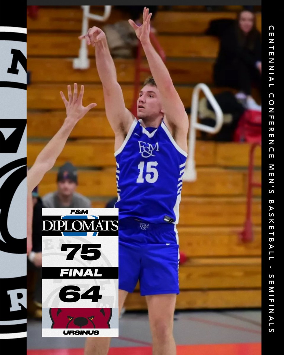 CentennialConf's tweet image. MBB | FINAL

#1 Franklin &amp;amp; Marshall secures a 75-64 victory over #4 Ursinus to punch their ticket to the #CCmbb title game for the first time since 2016

The Diplomats will host the winner of the JHU/GET matchup on Sunday at 2:00 pm 

#CentConf #CCmbb #d3hoops