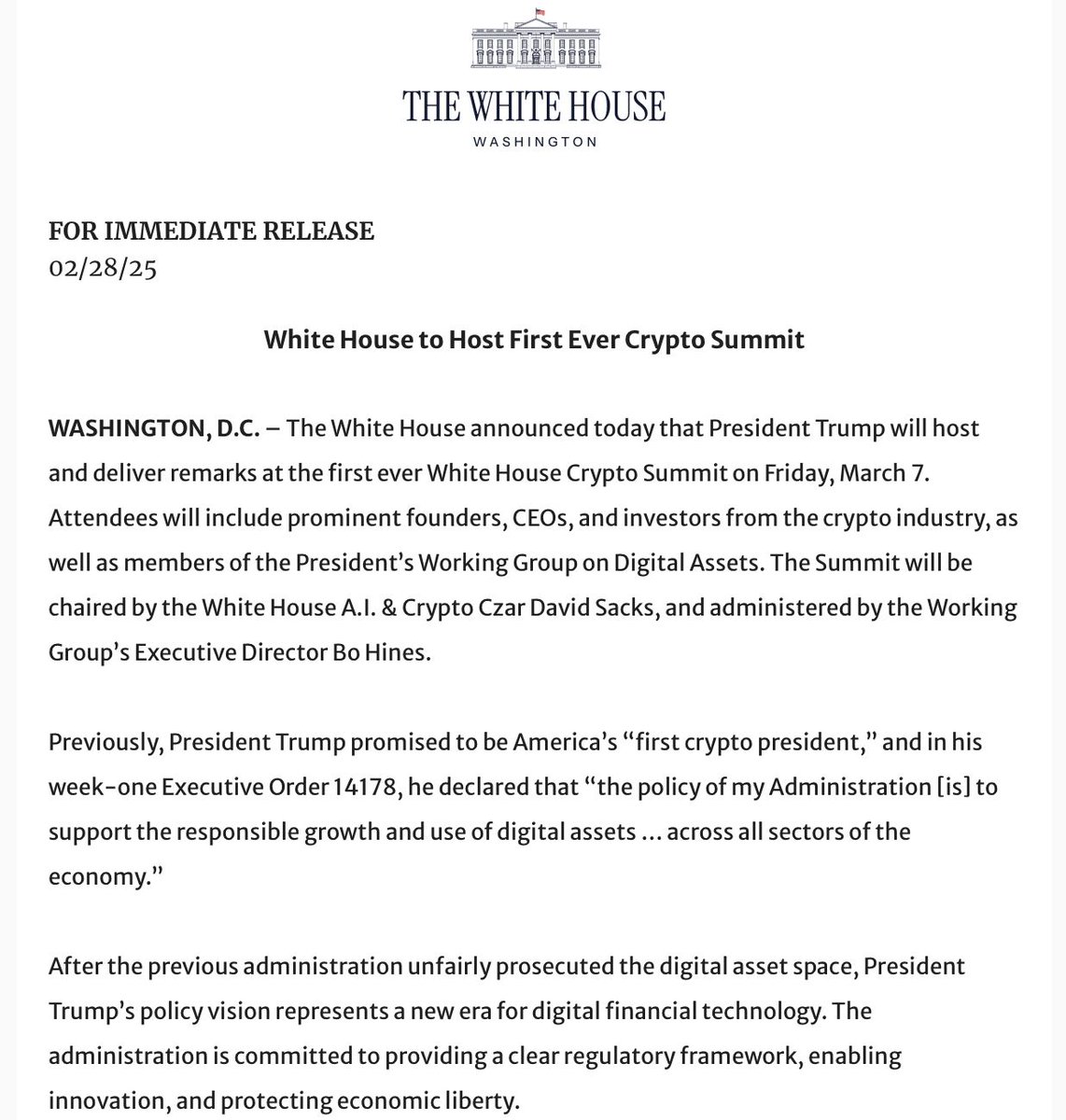 The White House says it is hosting the first ever crypto summit on March 7.