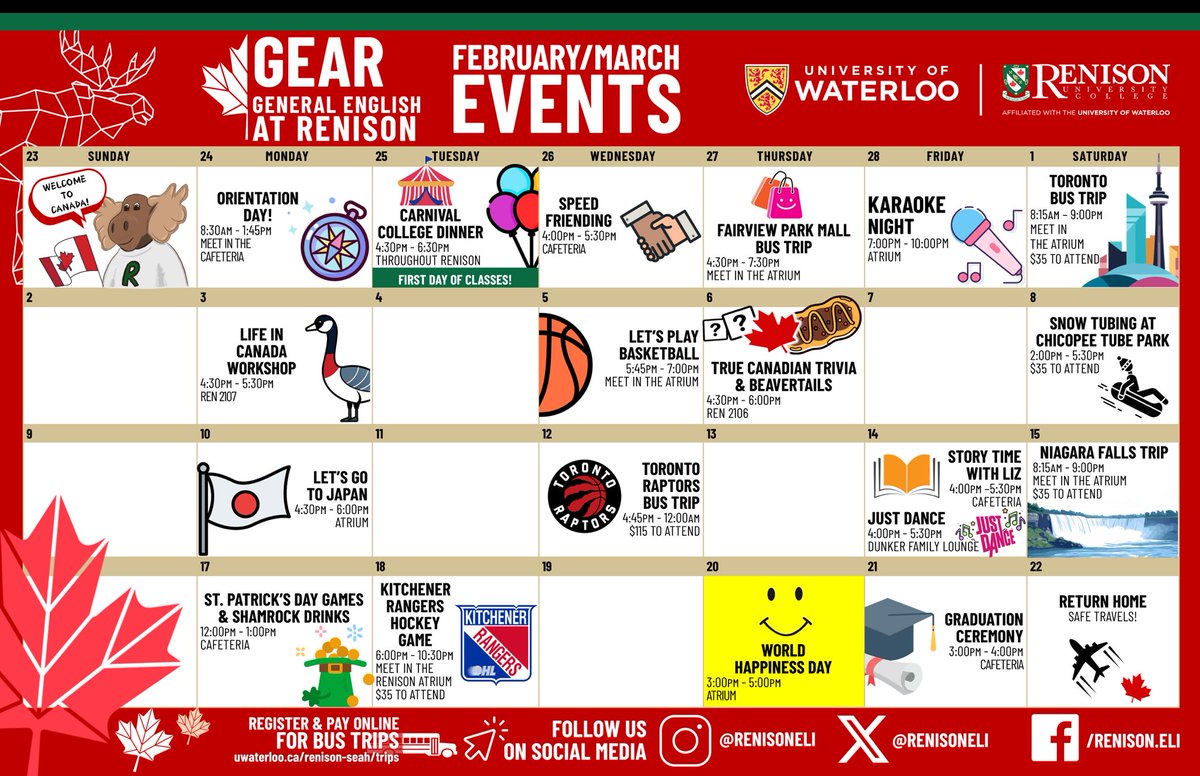 Feeling lucky? 🍀 Our March events calendars have arrived! 

We have many events and bus trips that bring together all Renison and #UWaterloo students — so we hope to have you join us this month!