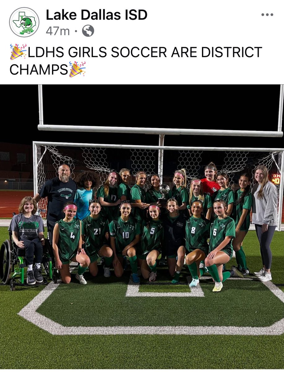 Lake Dallas ISD Athletics (@ldisdathletics) on Twitter photo Congrats to our <a href="/LDHSGirlsSoccer/">LD Girls Soccer</a> for winning the District Championship tonight!!!
#webleedgreen
Photo credit <a href="/LakeDallasISD/">Lake Dallas ISD</a> Congrats to our <a href="/LDHSGirlsSoccer/">LD Girls Soccer</a> for winning the District Championship tonight!!!
#webleedgreen
Photo credit <a href="/LakeDallasISD/">Lake Dallas ISD</a>