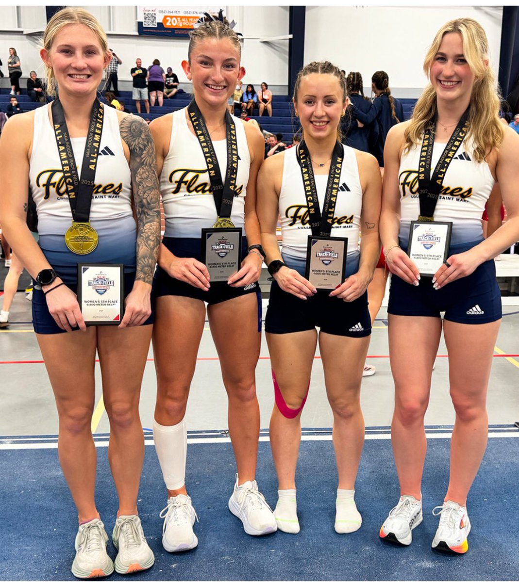 NAIA All-Americans! Setting a new program record of 9:11 in the 4x800m relay and finishing 5TH in the country! Three freshmen and a sophomore. Think this will be an annual thing! Go Flames! 🔥