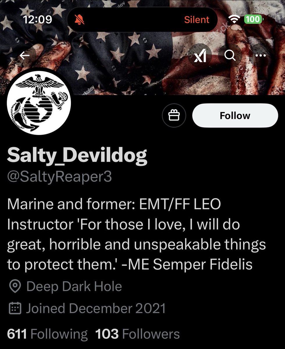 USAMilConnect's tweet photo. Please give @SaltyReaper3 a follow and a repost or shoutout to show our gratitude for his service.

USMC

Thank you for your service.  We appreciate you.

*These shoutouts are unsolicited and a show of gratitude and respect and are not a request for a follow back.    They are connecting military with each other and showing support to our Military.  “THANK YOU!”