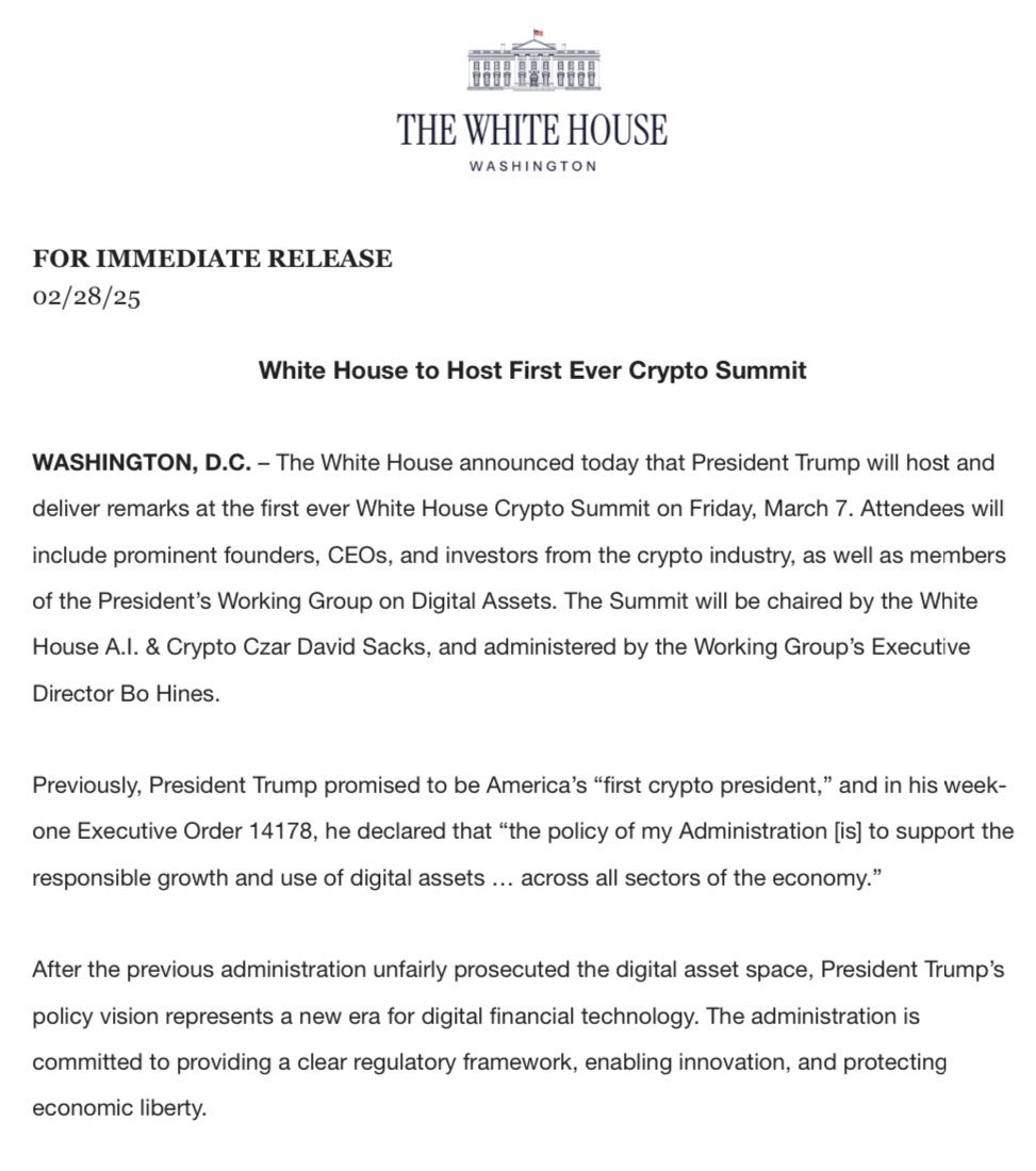 BIG BREAKING 🇺🇸 

WHITE HOUSE TO HOST FIRST EVER CRYPTO SUMMIT ON MARCH 7! 

SOMETHING BIG IS COMING 🚀
#BITCOIN #BTC #XRP #CRYPTO