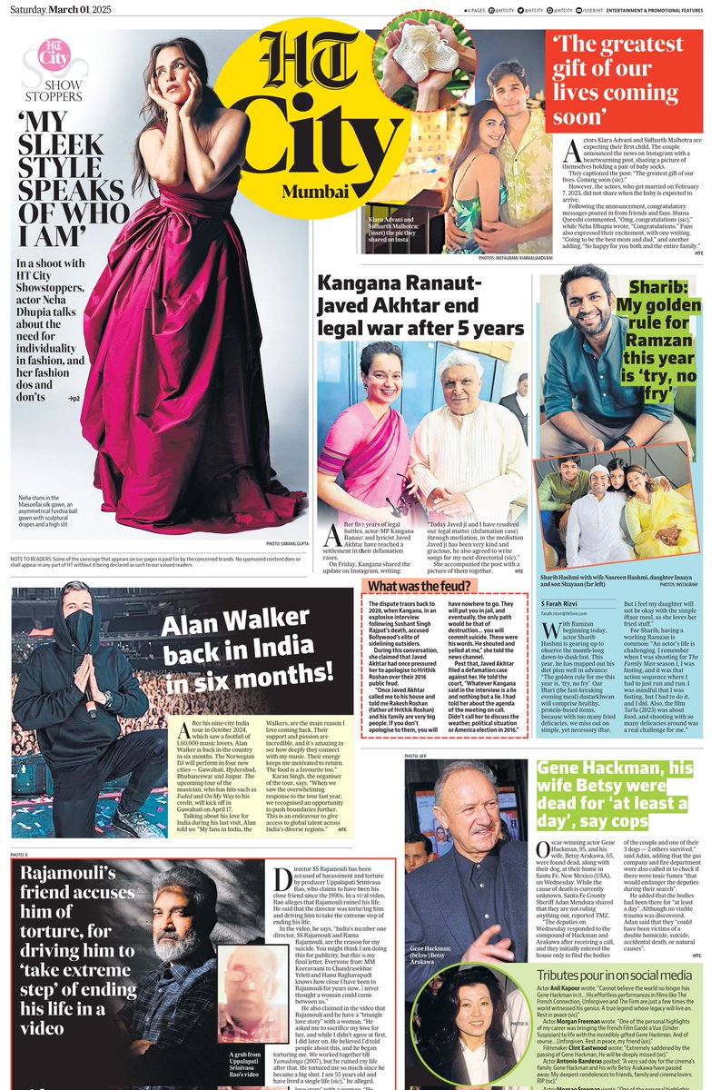 htcity's tweet photo. Read all the top news from the world of entertainment and lifestyle in today's HT City
Read today's epaper: https://t.co/JbLzcBCuQT
@NehaDhupia @SidMalhotra @advani_kiara #pregnancy @KanganaTeam @Javedakhtarjadu @sharibhashmi @IAmAlanWalker #SSRajamouli #GeneHackmanRIP https://t.co/I6uAneLgWu