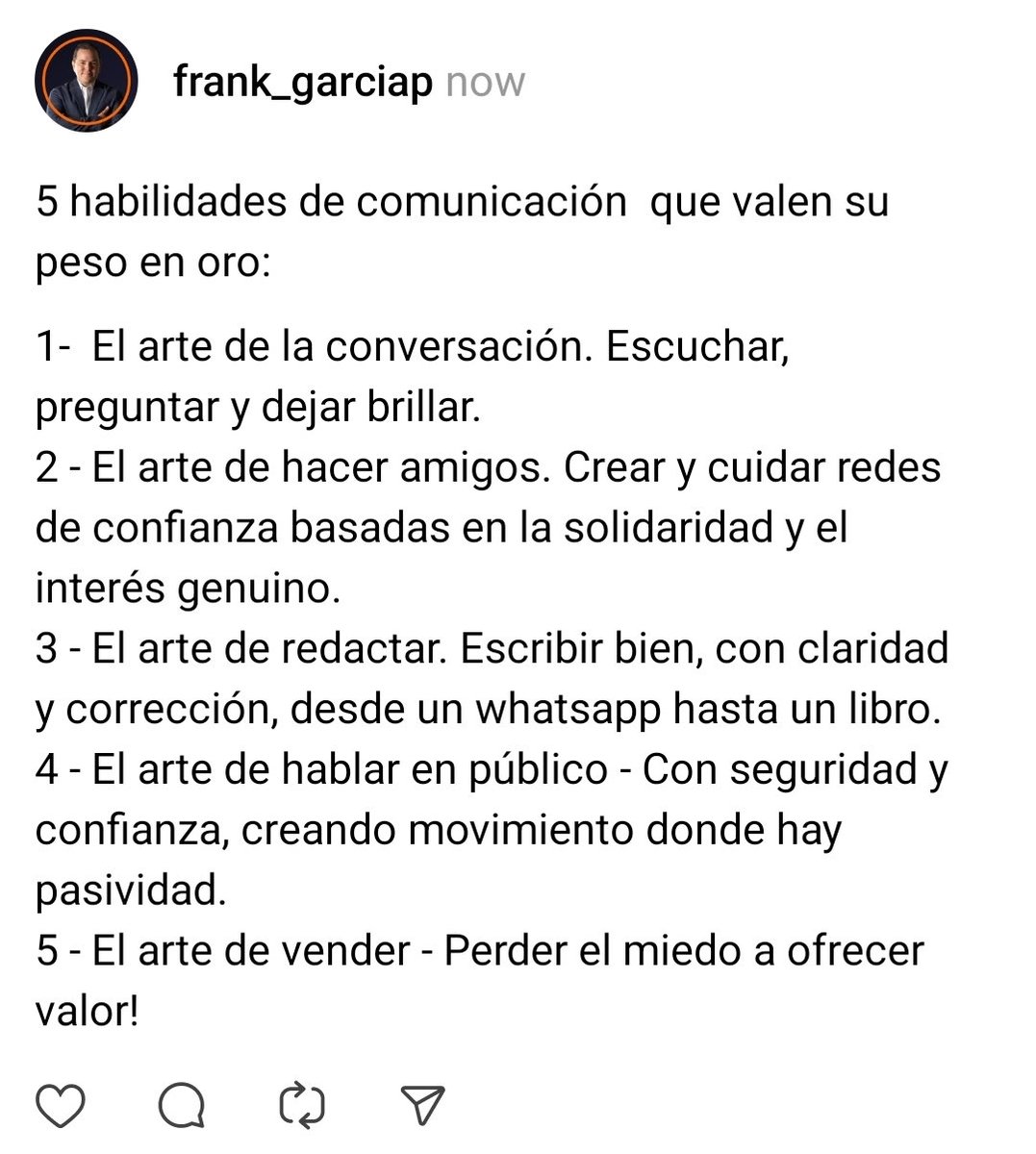No es solo la oratoria! La comunicación forma, empapa y potencia todo lo que haces. No importa si "naciste" o no con ellas: son habilidades que puedes (y debes) aprender y desarrollar.

#ConectaMás
Suscríbete al newsletter en FrankGP.mx