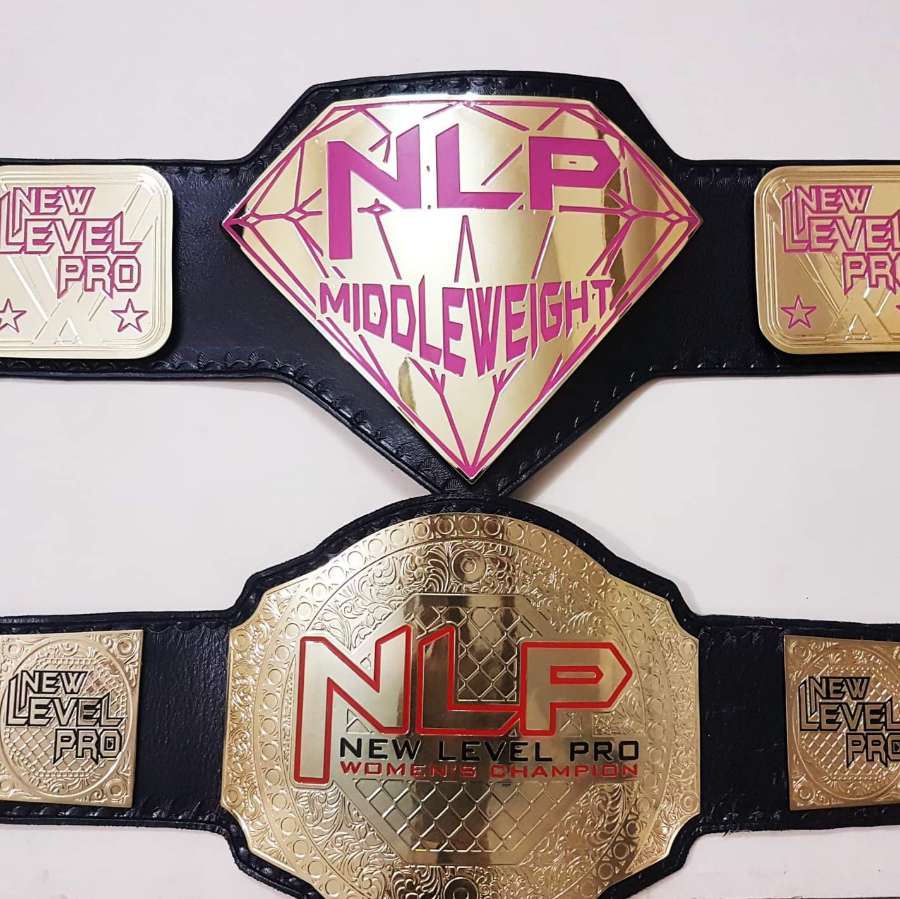 wreninthenight's tweet photo. proud to say that @NewLevelPro1 is one of the only companies (if not The Only Company) in the state of alabama to have a women's title, and by gawd does that thing look good as hell (our other titles [except tag team] included for comparison) https://t.co/YMaxN0A8se