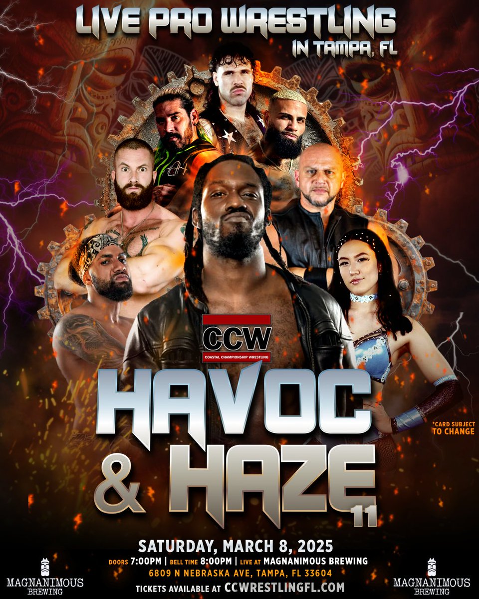 Coastal Championship Wrestling (@ccwalivetv) on Twitter photo CCW returns to TAMPA next week for HAVOC & HAZE 11! The hottest show on Florida's west coast. Join us and witness the action unfold!
🎟 Tickets: coastalchampionshipwrestlingfl.com/events-1/havoc…
<a href="/RichSwannTNA/">Rich Swann</a> <a href="/DirtyDevinDiaz/">DirtyDevinDiaz</a> <a href="/Eddietaurus/">The Authority: Eddie Taurus</a> <a href="/theclarachange/">Clara Change</a> <a href="/seanmaluta/">Sean Maluta</a> <a href="/DominoCCW/">Domino</a> <a href="/PitbullSicario/">Ricky Martinez</a> <a href="/MetoBUL/">Meto</a> CCW returns to TAMPA next week for HAVOC & HAZE 11! The hottest show on Florida's west coast. Join us and witness the action unfold!
🎟 Tickets: coastalchampionshipwrestlingfl.com/events-1/havoc…
<a href="/RichSwannTNA/">Rich Swann</a> <a href="/DirtyDevinDiaz/">DirtyDevinDiaz</a> <a href="/Eddietaurus/">The Authority: Eddie Taurus</a> <a href="/theclarachange/">Clara Change</a> <a href="/seanmaluta/">Sean Maluta</a> <a href="/DominoCCW/">Domino</a> <a href="/PitbullSicario/">Ricky Martinez</a> <a href="/MetoBUL/">Meto</a>