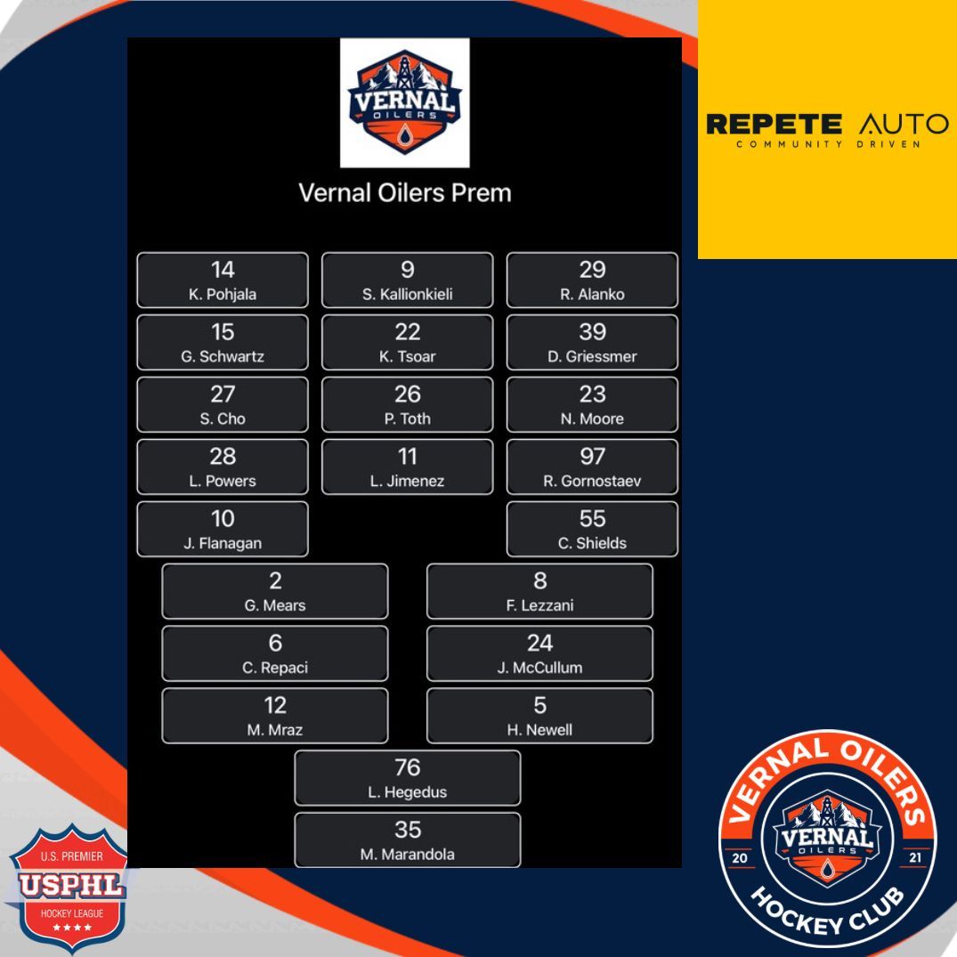 VernalOilers's tweet photo. Tonight’s Vernal Oilers lineup brought to you by Repete Auto.
#vernaloilers #playoffs #usphl #usphlpremier #repeteauto #northwestchamps #utahhockey #jrahockey #jrhockey https://t.co/2RE5CDXaeE
