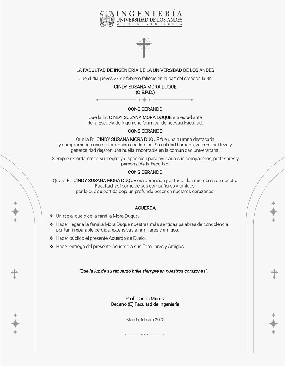 Nos unimos al duelo de familiares y amigos por el sensible fallecimiento de la Br. Cindy Susana Mora Duque (QEPD), estudiante de la Escuela de Ingeniería Química de nuestra Facultad.

Elevamos una oración por el descanso de su alma. 🙏🏻