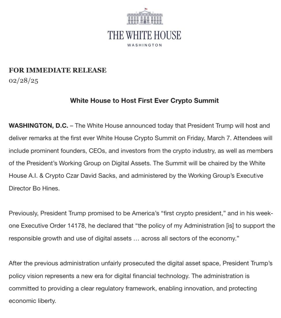 JUST IN: 🇺🇸 The White House to host "first ever crypto summit."
#CRYPTO  #Blockchain #Bitcoin #web3