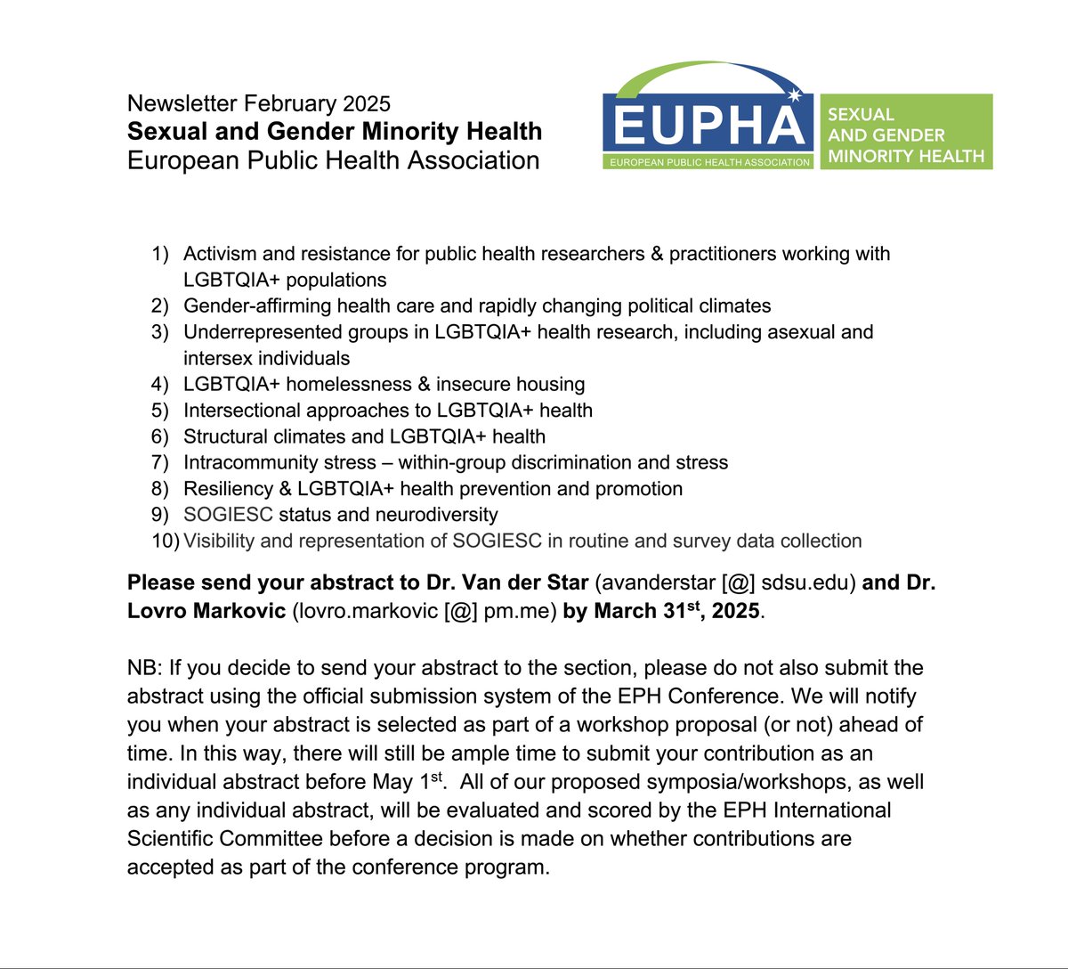 Earlier today, we sent out our annual Call for Abstracts. Would you like to contribute to one of the section-sponsored research symposia on LGBTQIA+ health at <a href="/EPHconference/">EPH Conference</a> in Helsinki this year? Get in touch. We would love to see if we can include your work. <a href="/EUPHActs/">EUPHA</a> #EPH2025