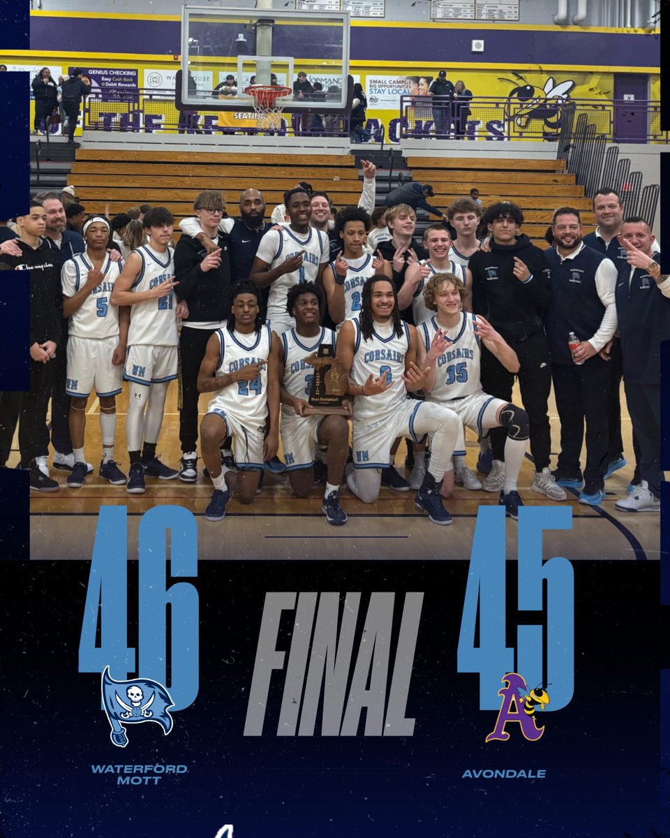 So proud of this group of young men and their resilience to survive and advance to the Regionals with a 46-45 win over Avondale tonight. Tonight's win secured the school's 4th district championship in school history and improve to 21-3 on the season. #wetheship #thecorsairsway