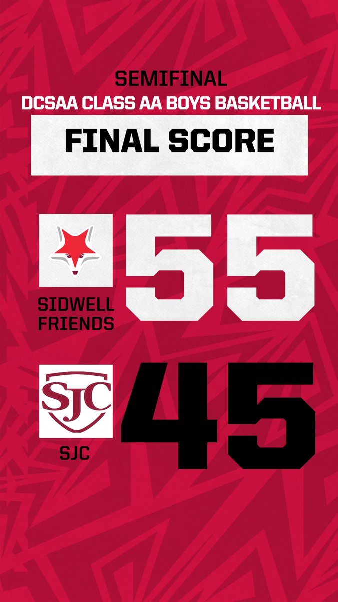 DCSAASports's tweet image. Final score. Sidwell Friends advance to the 2025 Class AA Basketball State Championship. Sidwell Friends 55 - 45 St. John’s College. #dcsaa #classaa #gameday #statechampionship #dcsaastatechampionship #basketball #boysbasketball