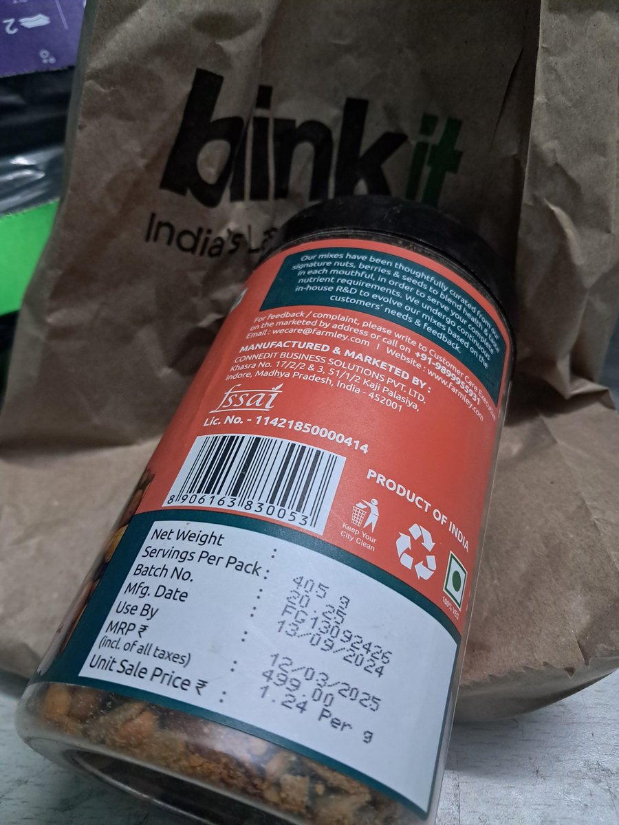 So <a href="/letsblinkit/">Blinkit</a> is now also working as a clearance company for expired or about to expire products. It's becoming q common thing now to receive expired or just about to. Ordered <a href="/FarmleyIn/">Farmley</a>  <a href="/farmleycares/">Farmley Cares</a> and it's expiring in 11 days.