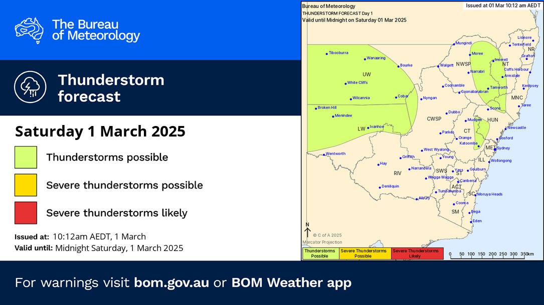 BOM_NSW's tweet photo. ⛈️Thunderstorm FORECAST for TODAY (1 Mar):
🟢 Non-severe storms are possible across central and northern parts of the ranges/slopes, and in the far west of #NSW, during the afternoon and evening.
Monitor the radar at https://t.co/joGHpQeD2Z or on the #BOMApp https://t.co/EFqXZqWqLm