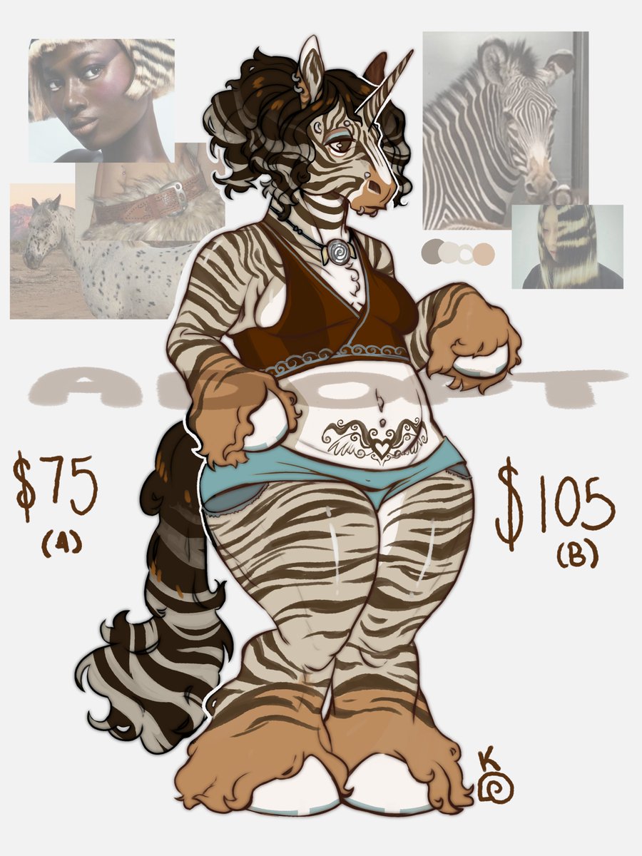 ADOPT! 🤎🦓🌑
(A) price gets u unwatermarked ref (can add name or any other details too!)
(B) price gets u above, PLUS an additional headshot + sketch! 
I'm so proud of this design waaaa ( =^ w ^= ) <3
comment or DM me to claim herrrrrr