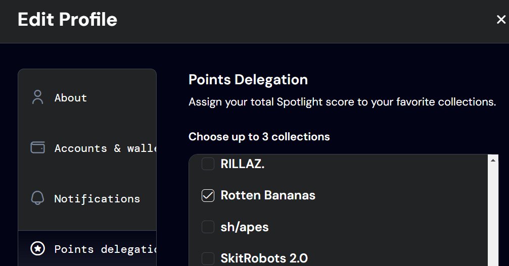 If you own a <a href="/RottenBananaNFT/">Rotten Bananas</a> make sure to delegate to it in Spotlight! <a href="/apecoin/">ApeCoin</a>