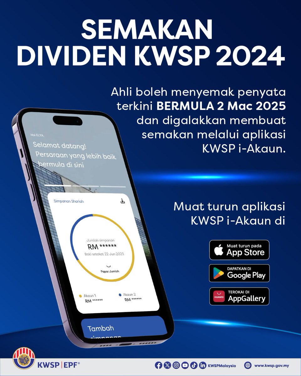 KWSPMalaysia's tweet image. KWSP mengumumkan kadar dividen sebanyak 6.30% bagi Simpanan Konvensional, dengan jumlah agihan sebanyak RM63.05 bilion dan 6.30% bagi Simpanan Shariah, dengan jumlah agihan sebanyak RM10.19 bilion. Ini menjadikan jumlah keseluruhan agihan untuk tahun 2024 sebanyak RM73.24 bilion.