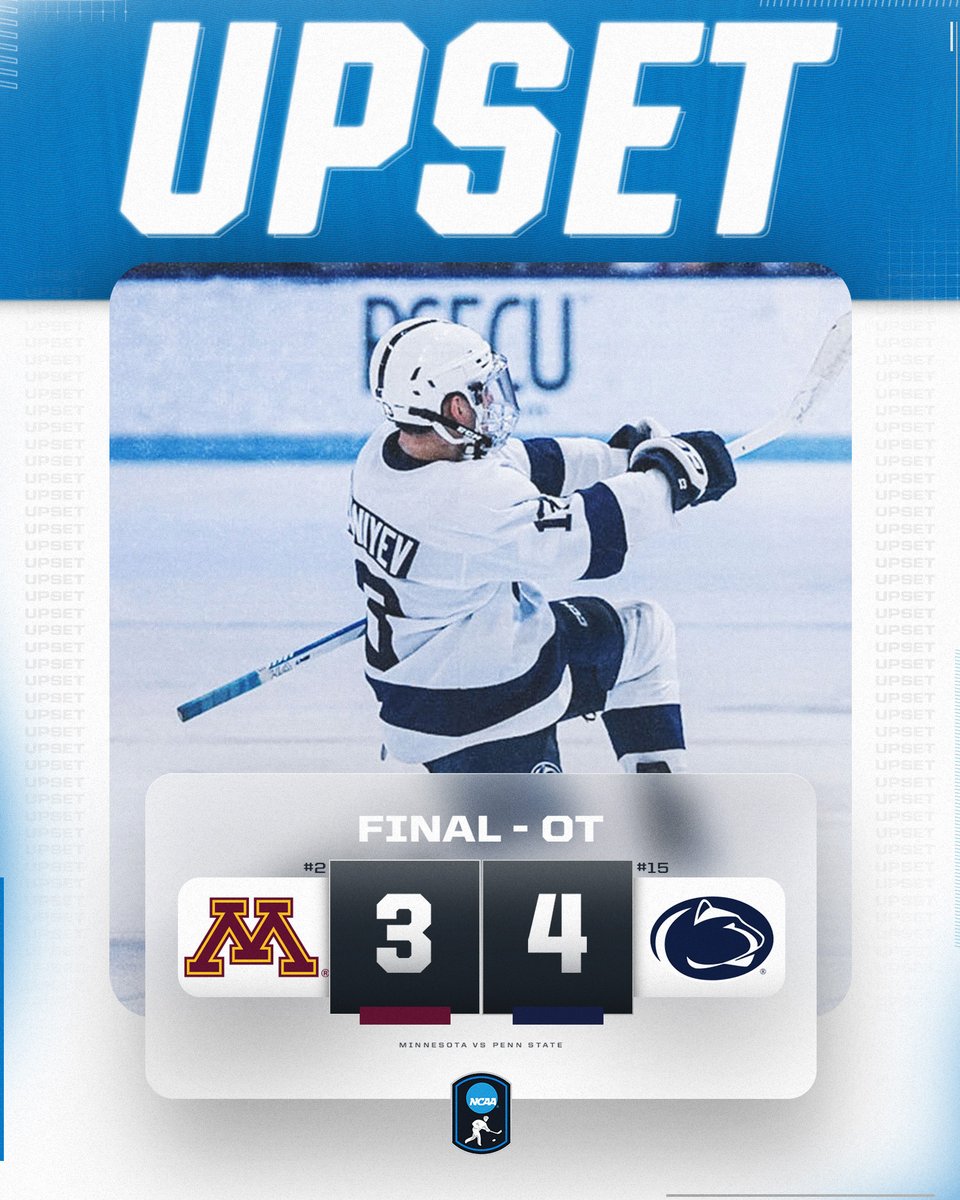 NCAAIceHockey's tweet photo. THAT'S AN UPSET! 🚨

No. 15 @PennStateMHKY gets the OT win over No. 2 Minnesota

#NCAAHockey https://t.co/RgGTh9SbiL