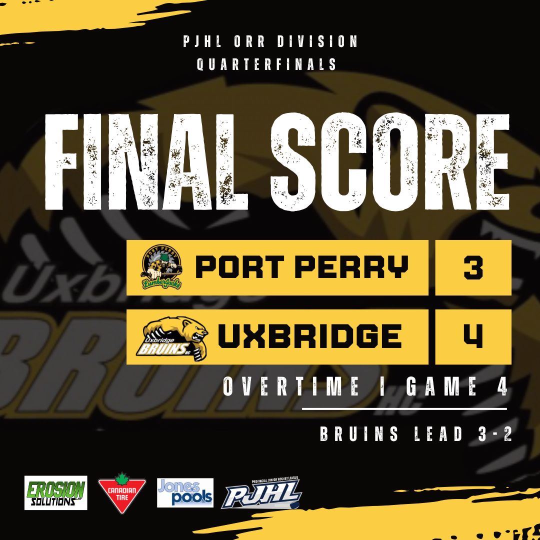 BRUINS WIN!
Jack Kemp scores just over a minute into overtime to lift Uxbridge to a 4-3 win. The Bruins lead the Orr Division quarterfinals series 3-2 with Game 6 scheduled for 2:25 pm, on Sunday afternoon in Port Perry.