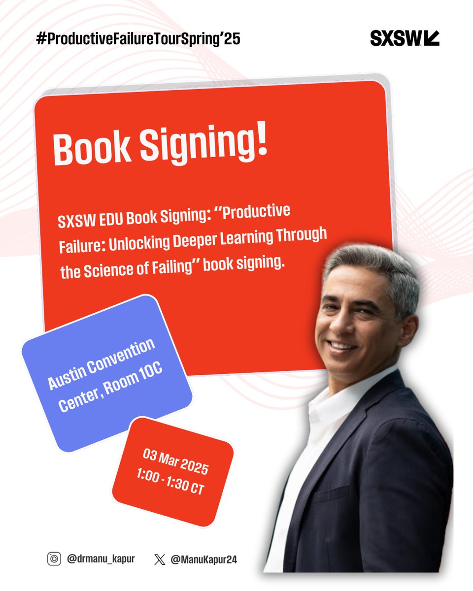 From ideas to ink! ✍️📖 Excited to be at SXSW EDU for a special book signing of Productive Failure!

If you’re at SXSW EDU, stop by, grab a copy, and let’s chat about how designing for failure can transform learning!

📅 March 3, 2025
📍 Austin Convention Center, Room 10C