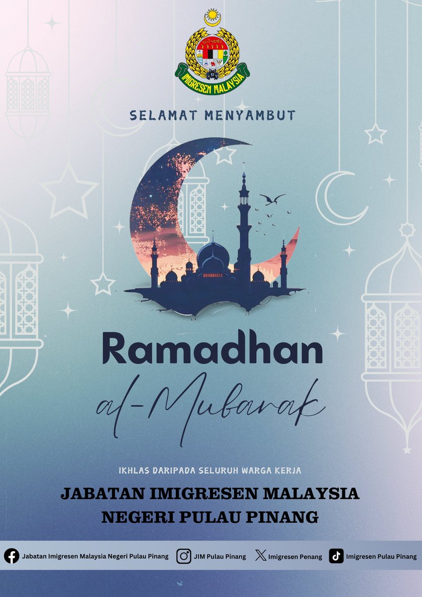 ImigresenP's tweet photo. SELAMAT MENYAMBUT BULAN RAMADHAN AL-MUBARAK 🌙

Semoga bulan yang penuh keberkatan ini membawa rahmat, keampunan dan keberkatan dalam kehidupan kita. Marilah kita perbanyakkan amal ibadah, bersedekah, dan mengeratkan silaturahim. 

Ramadan Kareem! ✨ https://t.co/TcYcqKuP6p