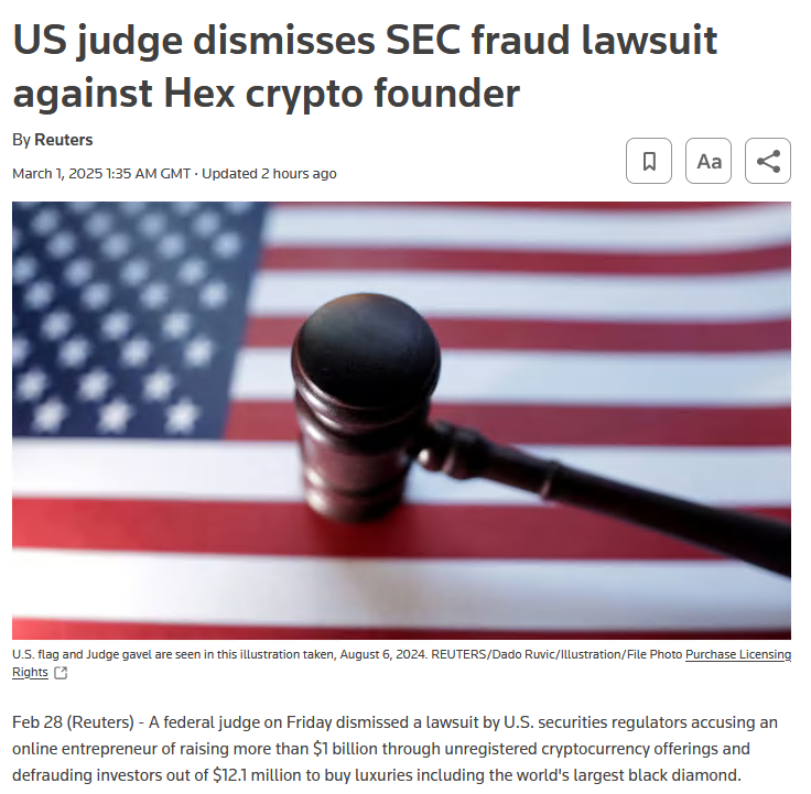 Federal Judge Amon dismissed the SEC's case against me, not the SEC. The SEC didn't just sue me, they sued the open source PulseX, PulseChain and HEX software as well, all dismissed. This is a win for cryptocurrency and <a href="/realDonaldTrump/">Donald J. Trump</a> 's vision for America.