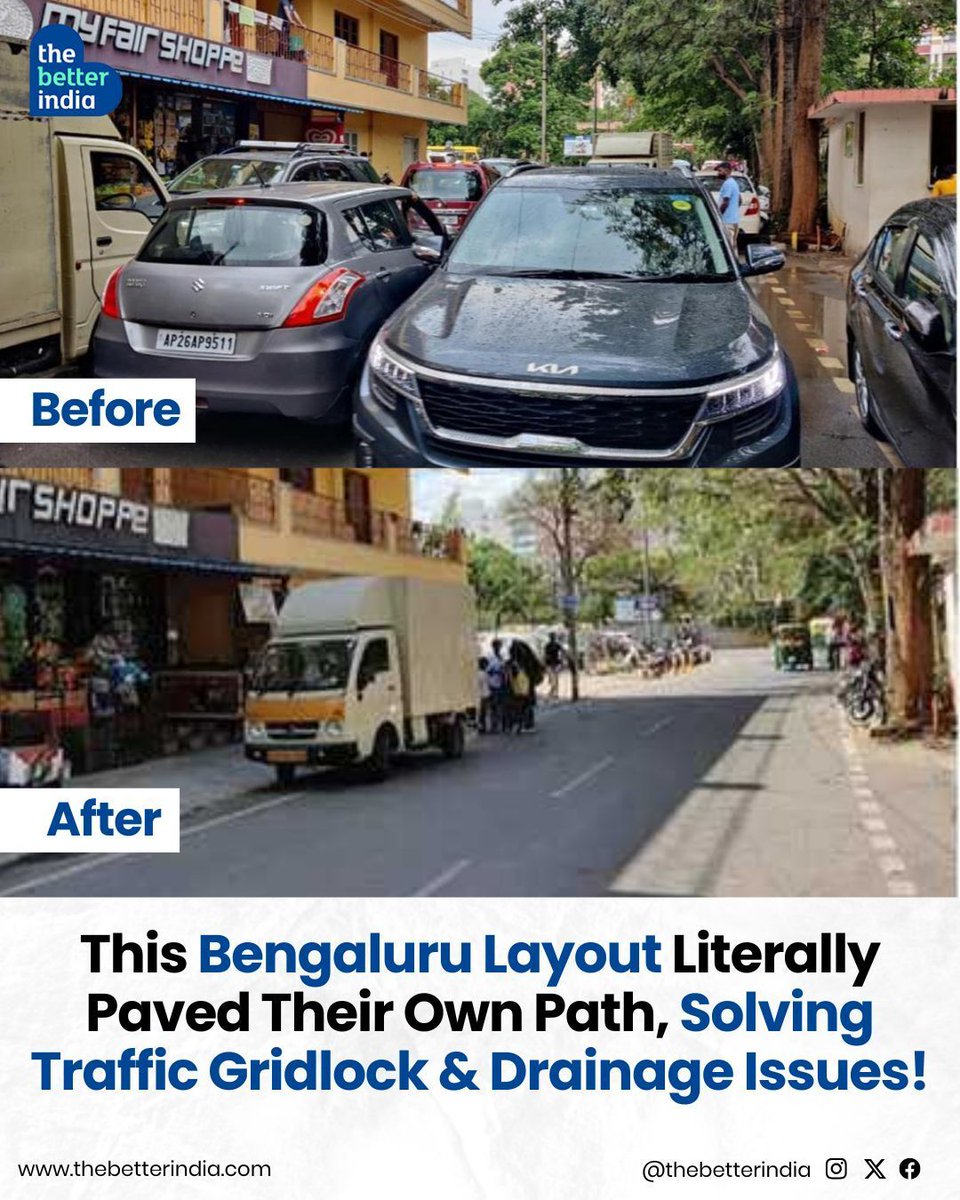 thebetterindia's tweet image. Fed Up With Broken Roads &amp;amp; Traffic Jams, These Bengaluru Residents Took Matters Into Their Own Hands.

For years, Brookfield Layout was a nightmare — crumbling roads, never-ending traffic jams, and monsoon floods. 

#Bengaluru #UrbanSolutions #TrafficFree #RoadSafety…