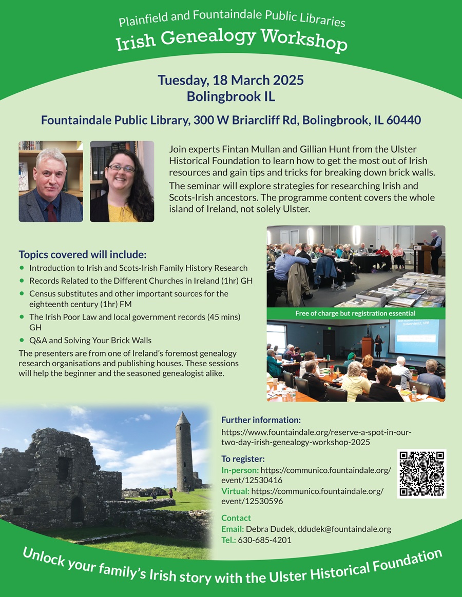 The final stop on our #IrishGenealogy tour is #Bolingbrook, #Illinois with our friends @fountaindalelib &amp; @plainfieldlibrary 

To  book your place at the FREE 1 or 2-day workshop (17 &amp; 18 March) fountaindale.org/reserve-a-spot…

To book a 1-on-1 consultation (fee): ulsterhistoricalfoundation.com/events-courses…