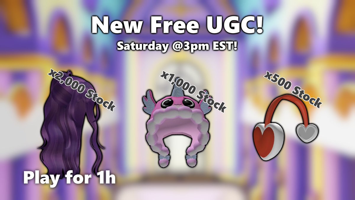 #Rainbocorns FREE UGC DROP Saturday at 3pm EST!
- 🥚 New permanent map with 6 new pets to collect!
- 👩‍🦰 Half Up Half Down Curly Hair in Purple [2,000 Stock]
-🦄 Rainbocorns Axel Hoodie [1,000 Stock]
- ❤️ Rainbocorns Valentines Earmuffs [500 Stock]

#RobloxDev #ROBLOX #RobloxUGC