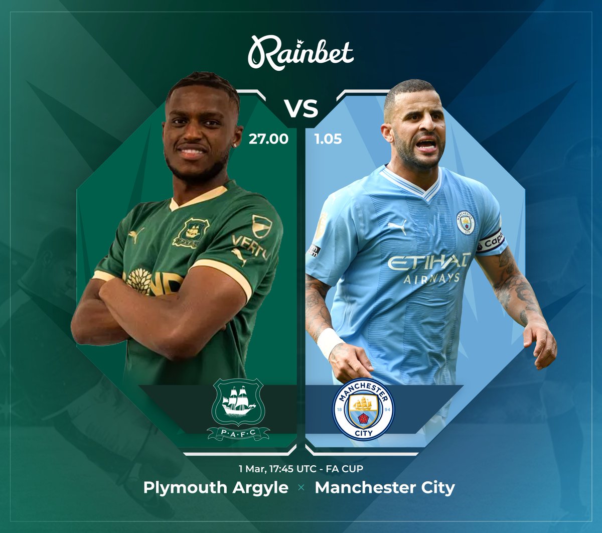 rainbetcom's tweet photo. TODAY David meets Goliath as Plymouth Argyle takes on Premier League giants Manchester City ⚽️

A thrilling FA Cup showdown—can the underdogs pull off a historic upset?  🏴󠁧󠁢󠁥󠁮󠁧󠁿🇬🇧

Score predictions below &amp; rainbet usernames! https://t.co/VASJcf2w6y