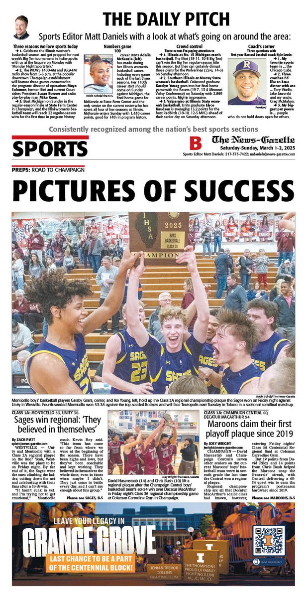 Saturday's N-G sports cover features <a href="/zachpiatt13/">Zach Piatt</a> on <a href="/SagesBasketball/">Sages Basketball</a> and <a href="/JoeyWright2000/">Joey Wright</a> on <a href="/hoopinmaroons/">Champaign Central Maroons Basketball</a> winning regional titles, plus <a href="/mdaniels_NG/">Matt Daniels</a>'s Daily Pitch.

<a href="/APSE_sportmedia/">APSE</a> 
<a href="/ngphotostaff/">News-Gazette Photo</a>