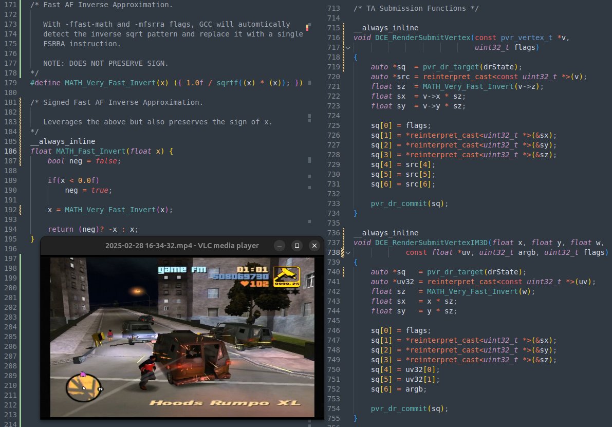 Today's Grand Theft Auto 3 micro optimization for the Sega Dreamcast... speeding up vertex transformation by approximating perspective division.

On the DC's SH4 CPU, a single-precision FDIV instruction takes a whole 13-14 cycles to execute. Ain't nobody got time for that shit,